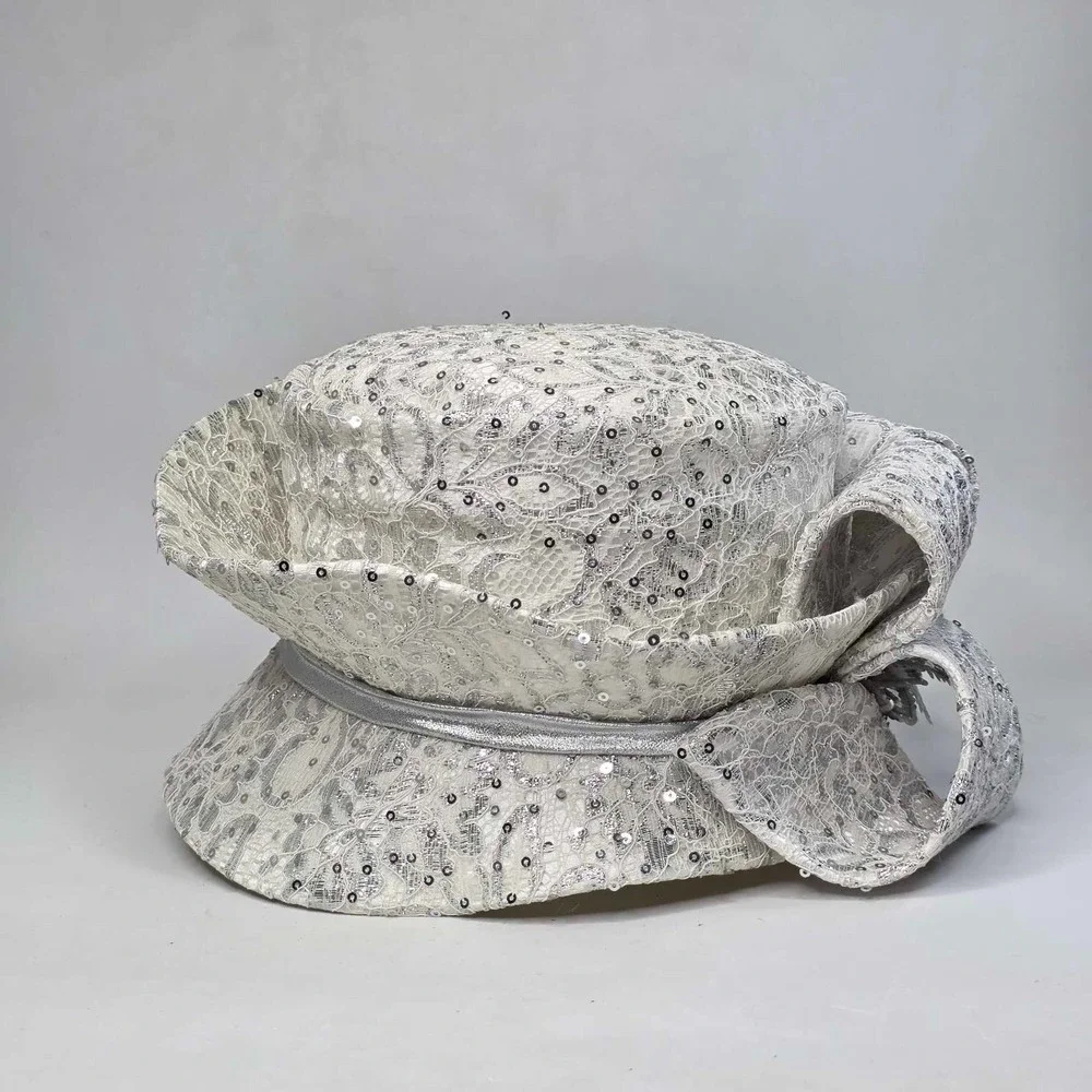 Ms Divine Hat Sun Women's Derby Church Brim Bow Rhinestone Sequin White Silver